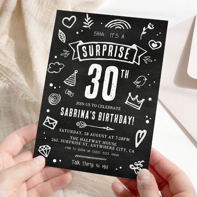 Fun Chalkboard Doodle Surprise 30th Birthday Invitation (Creator Uploaded)