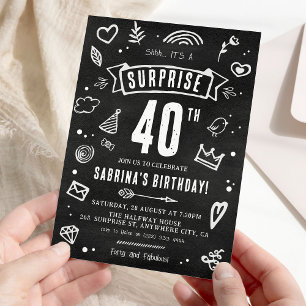 Fun Chalkboard Doodle Surprise 40th Birthday Invitation