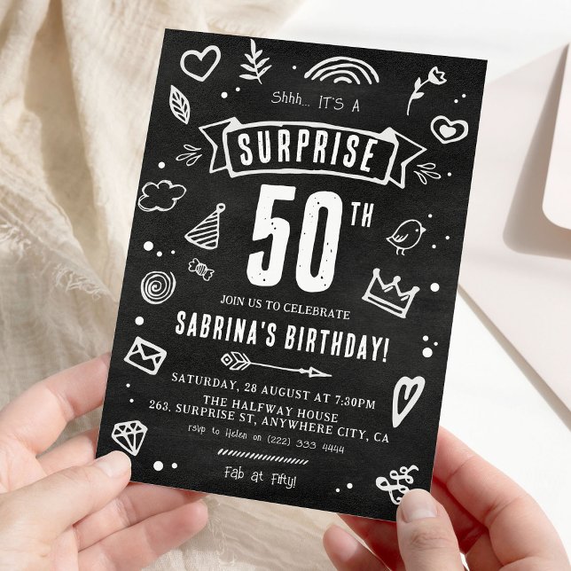 Fun Chalkboard Doodle Surprise 50th Birthday Invitation (Creator Uploaded)
