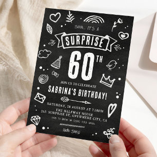 Fun Chalkboard Doodle Surprise 60th Birthday Invitation