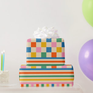 Fun Check Colorful Checker Stripe Retro 80s 90s  Wrapping Paper