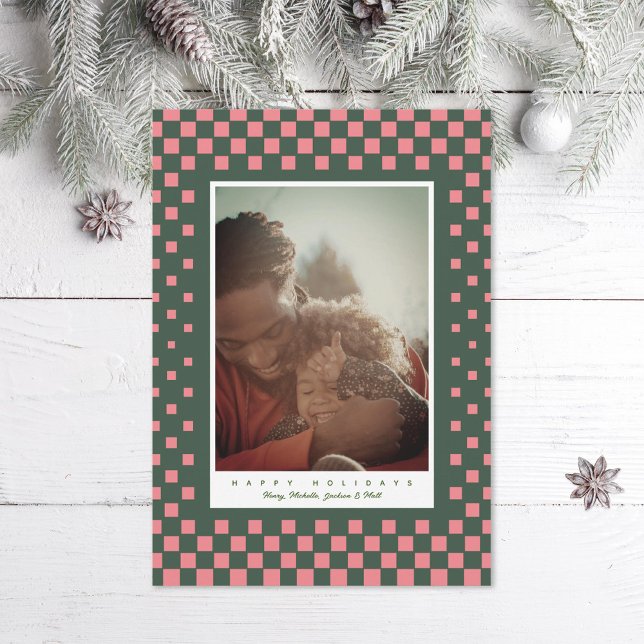 Fun Checkers Pink and Green Holiday Card (Creator Uploaded)