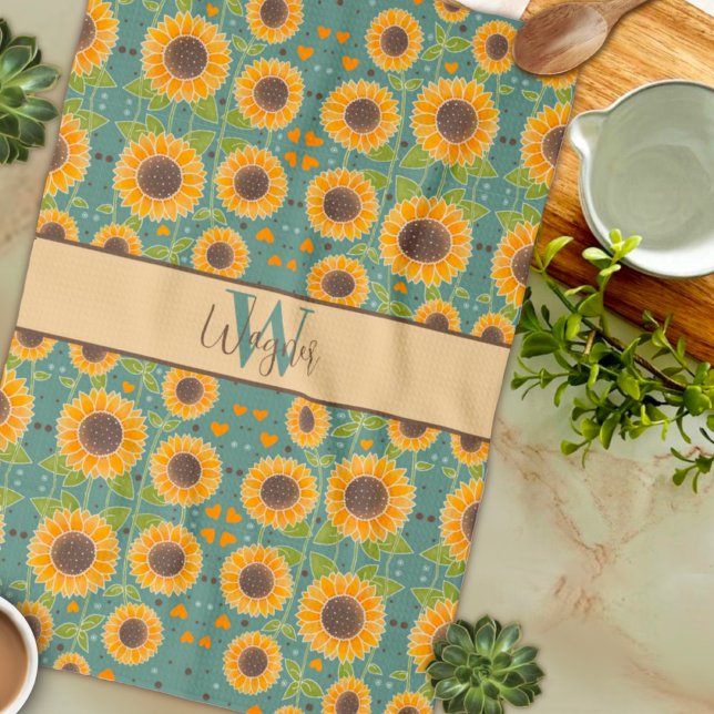 Fun Cheerful Sunflower Custom Name Initial Tea Towel (Creator Uploaded)