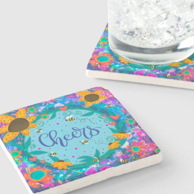 Fun Cheers Floral Whimsical Bumblebee Stone Coaster (Creator Uploaded)
