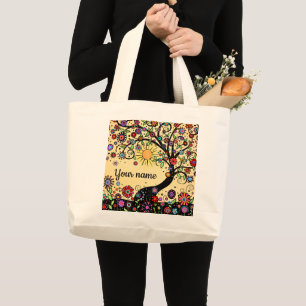 Fun Cheery Flowers and Whimsical Tree Large Tote Bag