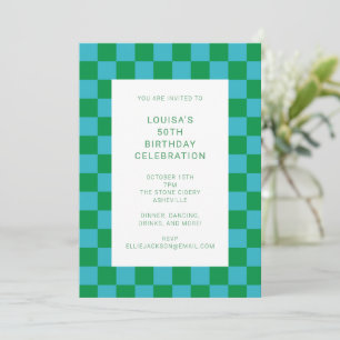 Fun Chequerboard Blue Green Geometric Birthday Invitation