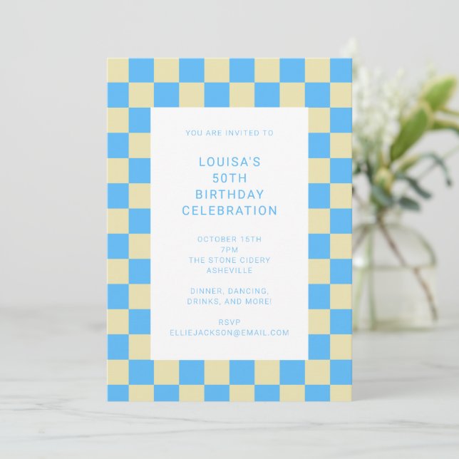 Fun Chequerboard Light Blue Geometric Birthday Invitation (Standing Front)