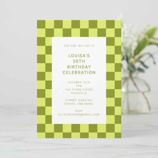 Fun Chequerboard Olive Lime Geometric Birthday Invitation (Standing Front)