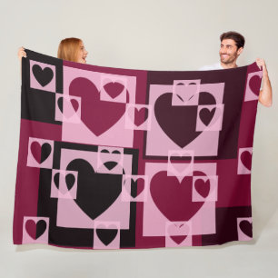 Fun Chequered Hearts Soft Pink and Wine Red Fleece Blanket