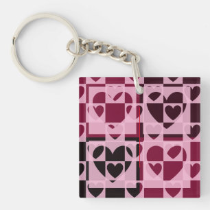 Fun Chequered Hearts Soft Pink and Wine Red Key Ring