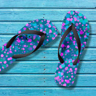 Fun, chic blue purple pink confetti dots on teal thongs