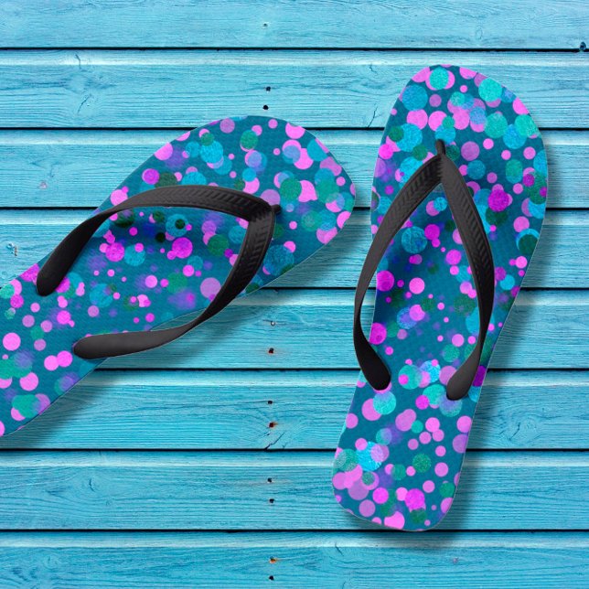 Fun, chic blue purple pink confetti dots on teal thongs (Creator Uploaded)