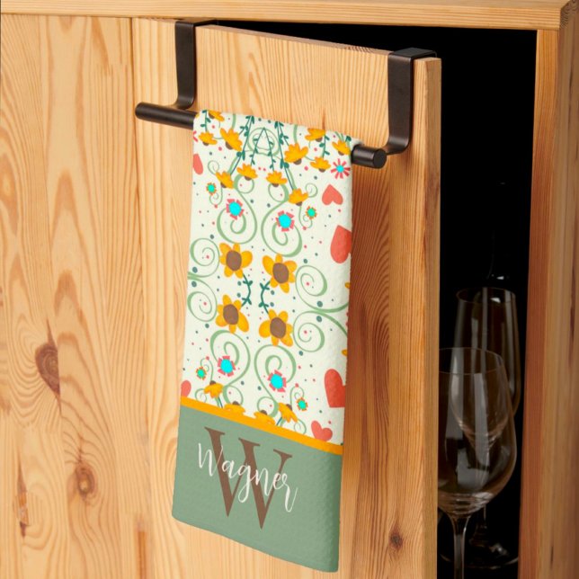 Fun Chic Floral Stylish Daisy Custom Monogram Name Tea Towel (Creator Uploaded)