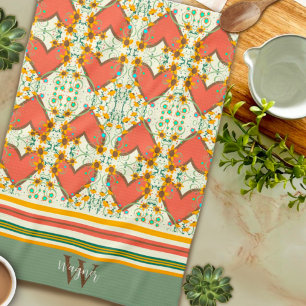 Fun Chic Floral Stylish Heart Custom Initial Name Tea Towel