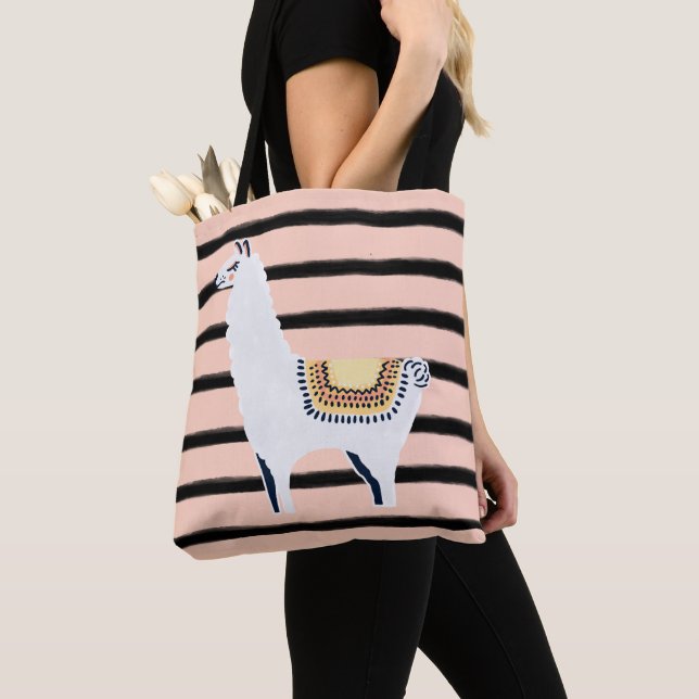 Fun Chic Llama & Stripe Pattern in Pink and Black Tote Bag (Close Up)