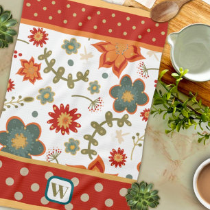 Fun Chic Modern Dots Floral Monogram Initial Tea Towel