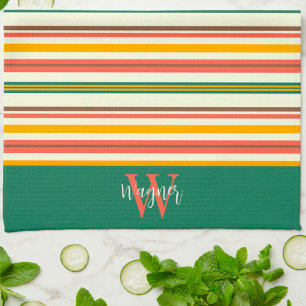Fun Chic Stripe Stylish Custom Monogram Last Name Tea Towel