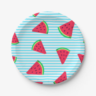 Fun Chic Watermelon Slices Blue Lines Pattern Paper Plate