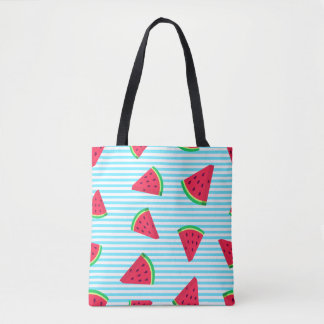 Fun Chic Watermelon Slices Blue Lines Pattern Tote Bag