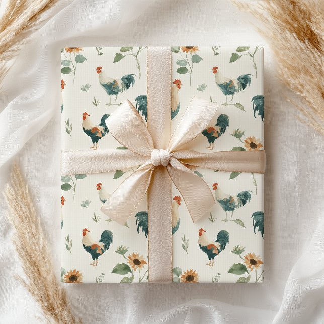 Fun Chicken Rooster Sunflower Wrapping Paper (Creator Uploaded)