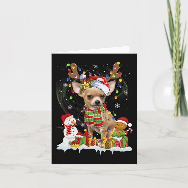 Fun Chihuahua Christmas Ugly  Dog Santa Hat Lights Card (Front)