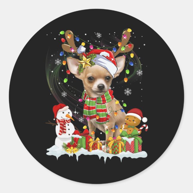 Fun Chihuahua Christmas Ugly  Dog Santa Hat Lights Classic Round Sticker (Front)