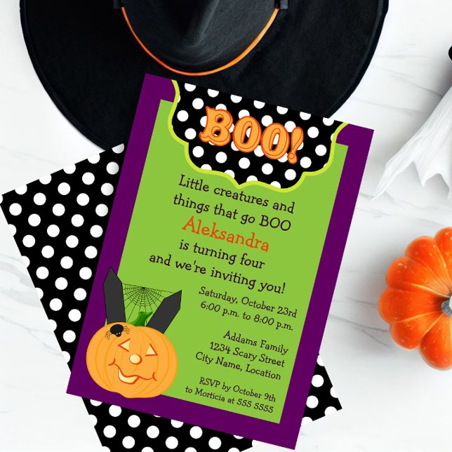 Fun Children's Halloween Birthday Invitation (Celebrate a Halloween birthday with this cute BOO and pumpkin invitation.)
