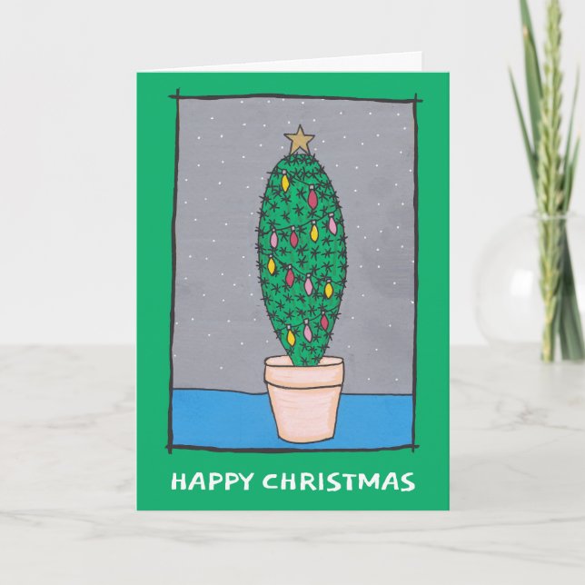 Fun Christmas cactus, green border, your greeting  Card (Front)