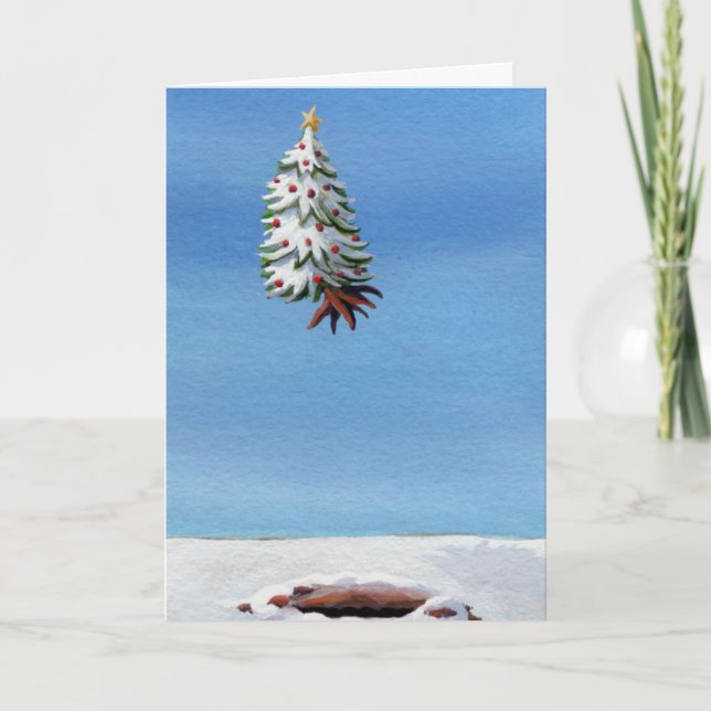 Fun Christmas card flying tree Holiday Travel art (Front)