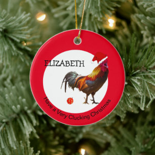 Fun Christmas Chicken Greeting Red Ceramic Ornamen Ornament