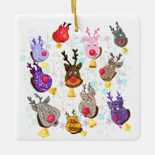 Fun Christmas Colourful Toys Deers with Bells Funn Ceramic Ornament