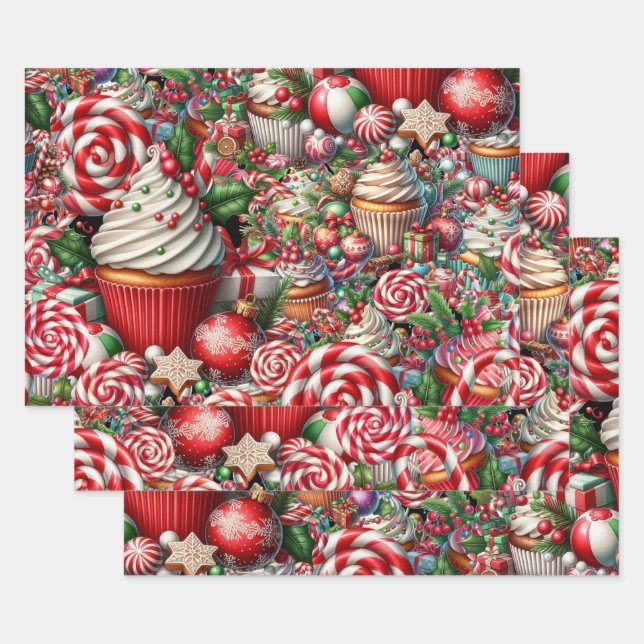 Fun Christmas Cupcakes Red Stripe Canes Wrapping Paper Sheet (Set)