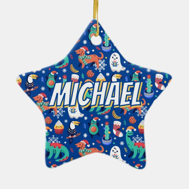 Fun Christmas Dinosaur Dog Parrot Avocado Cactus Ceramic Ornament (Back)