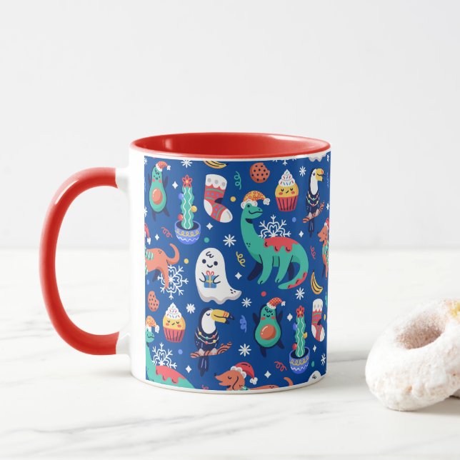 Fun Christmas Dinosaur Dog Parrot Avocado Cactus Mug (With Donut)