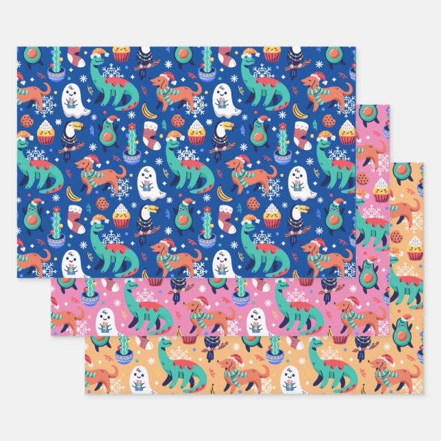 Fun Christmas Dinosaur Dog Parrot Avocado Cactus Wrapping Paper Sheet (Set)