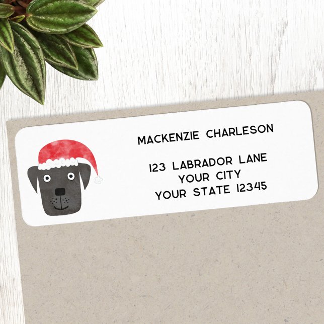Fun Christmas Dog Personalised Return Address Label (Black dog in a Christmas Santa hat personalized return address label)