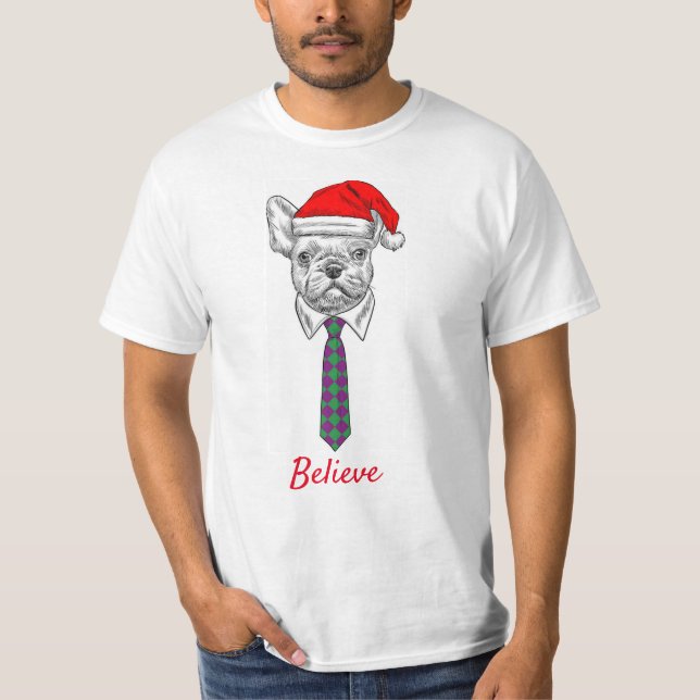 Fun Christmas dog wearing Santa hat T-Shirt (Front)