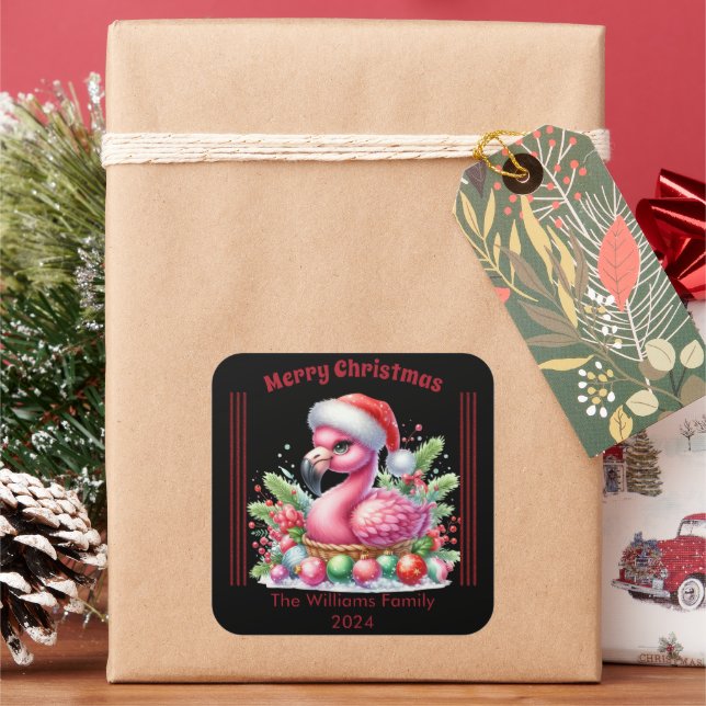 Fun Christmas flamingo with a personalised touch Square Sticker (Holiday)