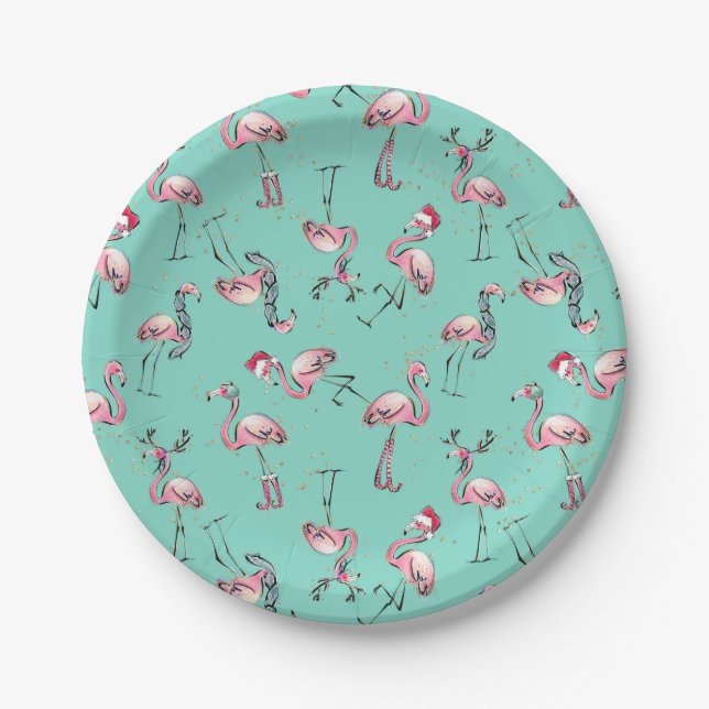 Fun Christmas Flamingos with Santa Hats Paper Plate (Front)