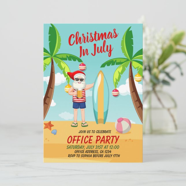 Fun Christmas in July Santa Claus in the beach   Invitation (Standing Front)