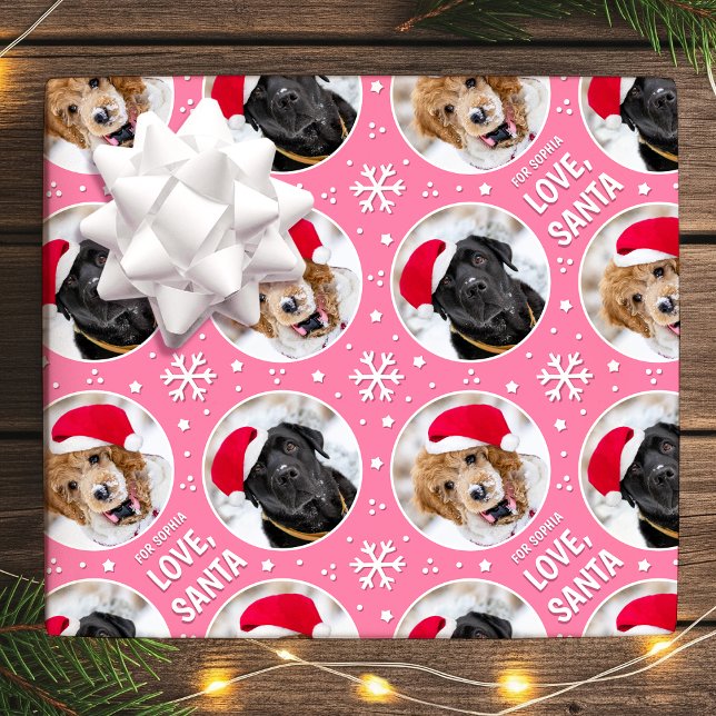 Fun Christmas Love Santa Custom Photo Name Pink Wrapping Paper (Creator Uploaded)