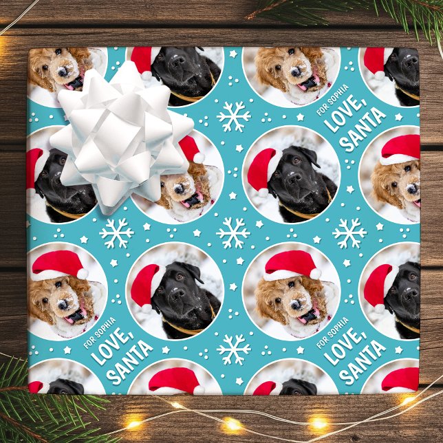 Fun Christmas Love Santa Custom Photo Name Teal Wrapping Paper (Creator Uploaded)