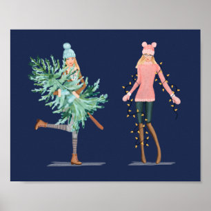 Fun Christmas Lovin' Girls Holding Tree & Lights Poster