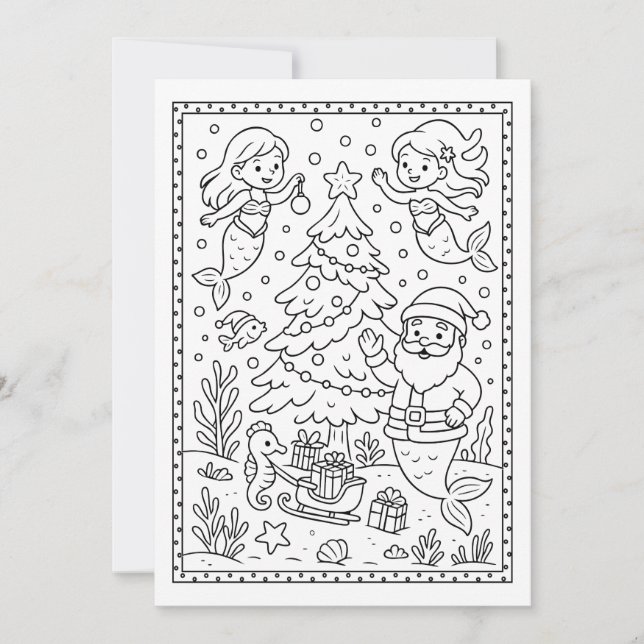 Fun Christmas Mermaids Colouring Flat Note Card (Front)