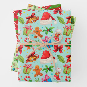 Fun Christmas Patterns Bells Hats Cup Cakes Trees Wrapping Paper Sheet