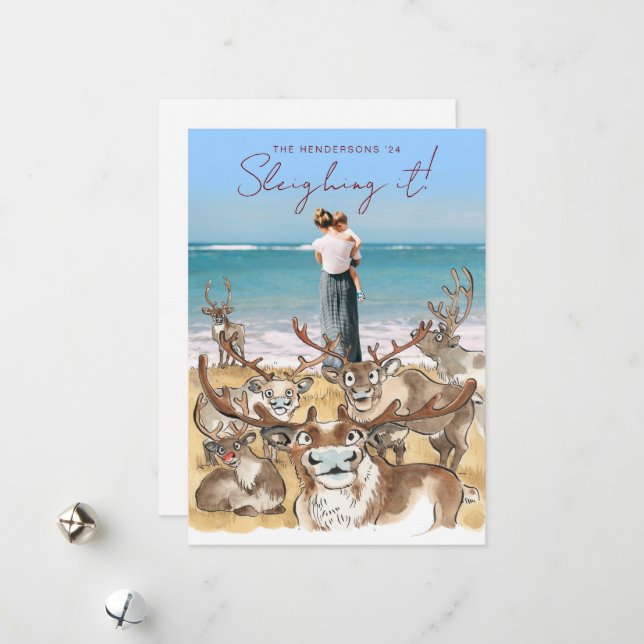 Fun Christmas Reindeer holiday photo card Mid blue (Front/Back In Situ)