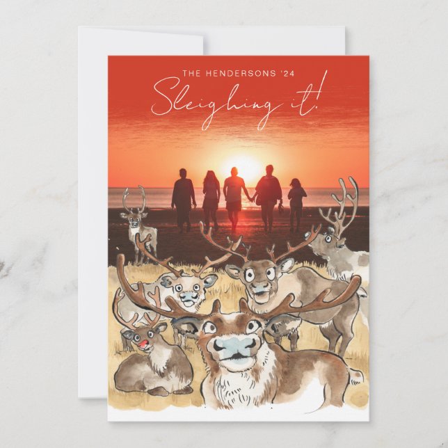 Fun Christmas Reindeer holiday photo card Red (Front)