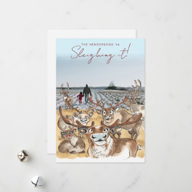 Fun Christmas Reindeer holiday photo card sky blue (Front/Back In Situ)