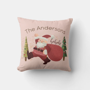 Fun Christmas Santa Illustration Family Name Pink Cushion