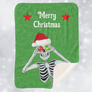 Fun Christmas Skeleton Ornament Eyeballs Red Stars Sherpa Blanket